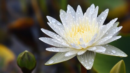 Poster - A delicate white flower with dew drops on its petals, set against a blurred natural background of leaves and greenery.