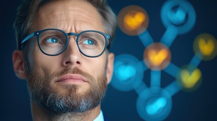 Poster - Thoughtful man with glasses contemplating futuristic technology concepts