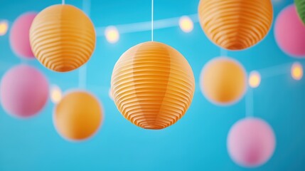 Wall Mural - Colorful Paper Lanterns Hanging Against a Bright Blue Background