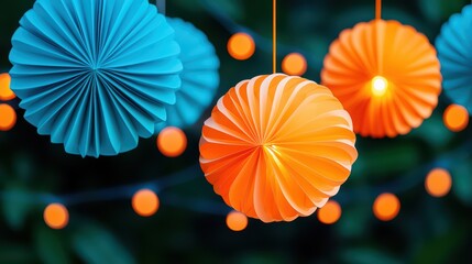 Wall Mural - Colorful Paper Lanterns with Bokeh Background in Evening Setting