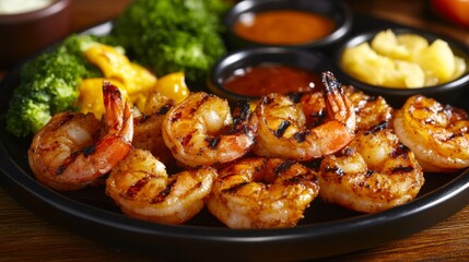 Poster - A detailed shot of a plate of grilled shrimp, showcasing the smoky grill marks and succulent meat, served with dipping sauces and side vegetables.