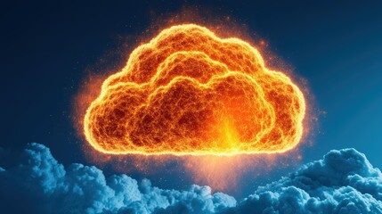 Wall Mural - Fiery Cloud Icon with Glowing Effect Against a Dark Sky Background