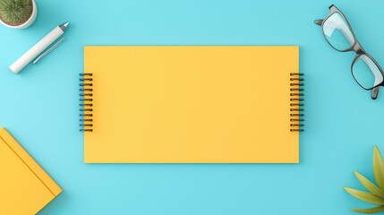 Wall Mural - Bright Yellow Notebook on Blue Background with Office Supplies