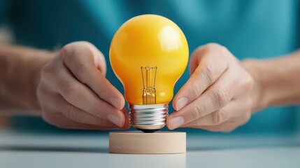 Poster - Hands Placing Bright Yellow Light Bulb on Wooden Base for Display