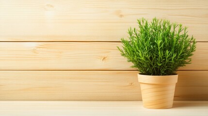 Poster - Green plant in a light brown pot against a wood background