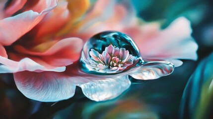 Poster - A droplet of water suspended on a flower petal, reflecting the surrounding greenery, captured in soft morning light.