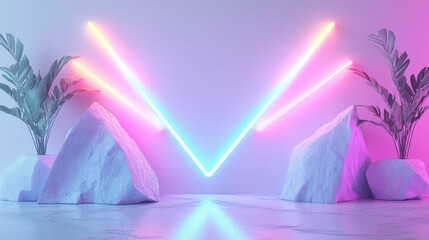 Poster - Abstract white geometric shape with neon lights and white background 3d rendering illustration