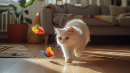 Poster - A fluffy white cat chasing a colorful feather toy on a wooden floor in a cozy living room.
