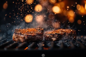 Wall Mural - Sizzling grilled steaks with seasoning sparks in warm light