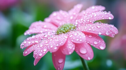 Poster - A fresh bloom with tiny droplets of water on its petals, set against a blurred natural background of lush foliage.