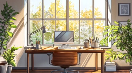 Poster - A minimalist home office nook with a wooden desk, comfortable chair, and plenty of natural light flowing through large windows.