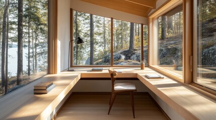 Poster - A minimalist home office nook with a wooden desk, comfortable chair, and plenty of natural light flowing through large windows.