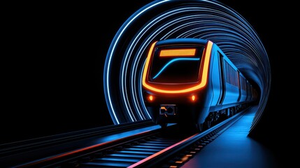 Poster - Futuristic Train Moving Through Neon Lit Tunnel At Night
