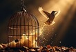 A white dove takes flight from a broken birdcage, symbolizing freedom and liberation.