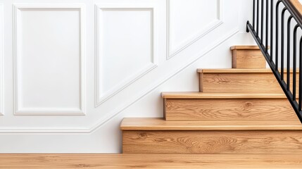 Wall Mural - Elegant Wooden Staircase with White Panelled Wall and Railing