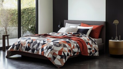 Poster - A modern bedroom with a bed featuring geometric-patterned bedding, a stylish nightstand, and a clean, contemporary design.
