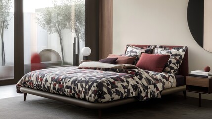 Poster - A modern bedroom with a bed featuring geometric-patterned bedding, a stylish nightstand, and a clean, contemporary design.