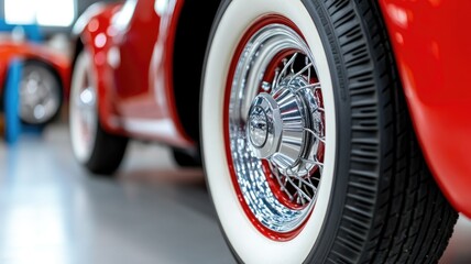 Close-up of vintage car wheel with shiny chrome hubcap and whitewall tire