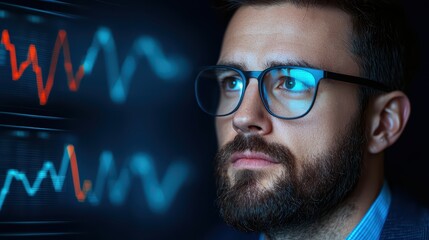 Poster - Focused Man Analyzing Data Trends with Graphs Displayed Behind Him
