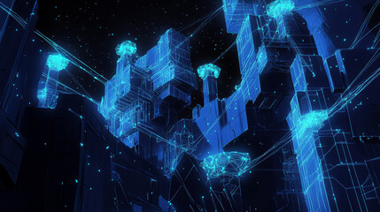 Poster - Data technology abstract futuristic cyan low poly shape glowing wire mesh surface on dark background. 3D rendering 3d illustration render