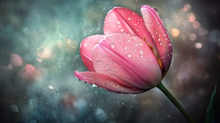 Poster - A pink tulip with sparkling water droplets on its petals, captured on a rainy day with a soft-focus background.