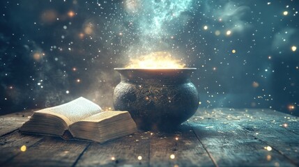Aufkleber - Magical Cauldron Glowing With Mystical Book Beside It