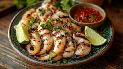 Poster - A plate of freshly grilled squid with smoky grill marks, garnished with lime wedges and chili dipping sauce, placed on a wooden table.