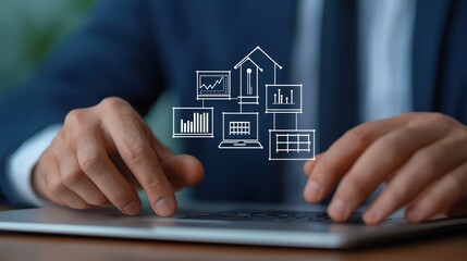 Poster - Businessman Using Laptop with Digital Graphs and Charts Icons