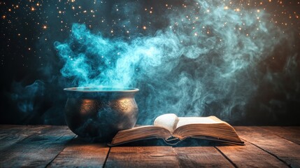 Aufkleber - Mystical Cauldron Steaming Beside Ancient Spellbook