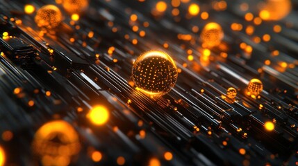 Poster - Glowing Spheres on Dark Metallic Abstract Surface
