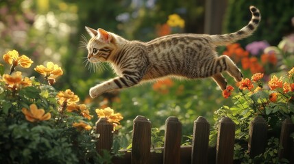 Poster - A playful tabby leaping over a small fence in a garden, with flowers and greenery framing the scene.