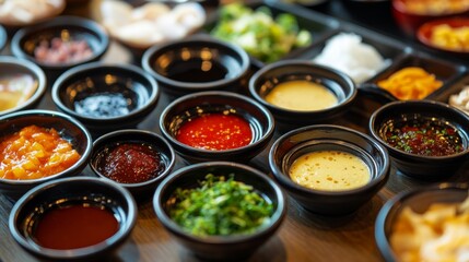 Wall Mural - A shabu table with a variety of sauces in small dishes, including spicy, tangy, and creamy options, ready for dipping.