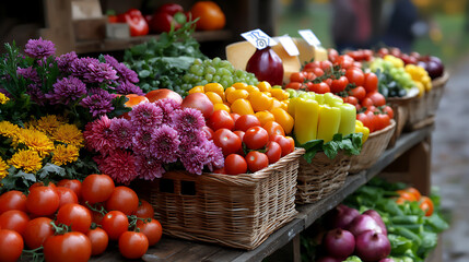 Canvas Print -  farmers market with fresh flowers and vegetables