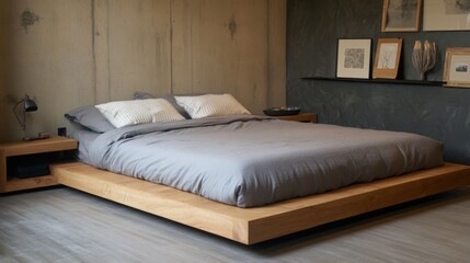 Poster - A simple yet stylish bed with gray bedding and a wooden frame, placed against a minimalist wall with a few modern touches.