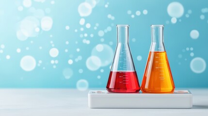 Poster - colorful laboratory glassware with liquid on soft blue background