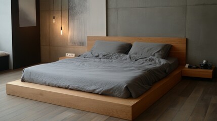 Poster - A simple yet stylish bed with gray bedding and a wooden frame, placed against a minimalist wall with a few modern touches.