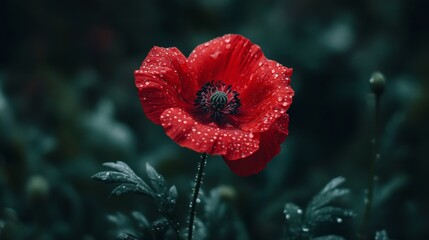 Aufkleber - A single red flower with water droplets glistening on its petals, surrounded by blurred green foliage in the background.