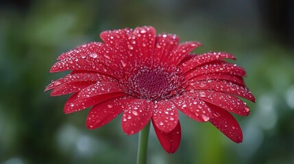Aufkleber - A single red flower with water droplets glistening on its petals, surrounded by blurred green foliage in the background.