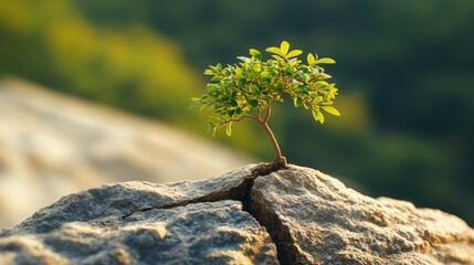 Aufkleber - A small tree emerging from a crack in a rock, symbolizing resilience and strength in nature.