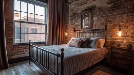 Poster - A stylish, industrial-style bedroom with a metal bed frame, exposed brick walls, and contemporary lighting fixtures.