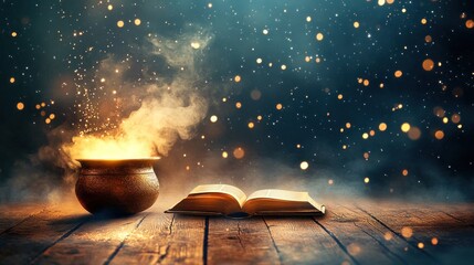 Aufkleber - Magical Cauldron Steaming with Open Book on Wooden Table