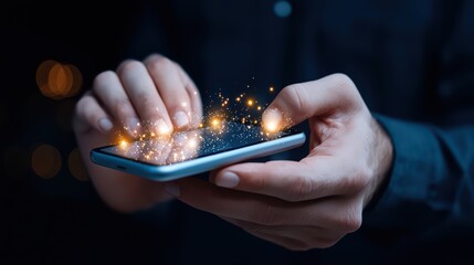 Poster - Hands Tapping Smartphone with Sparkling Lights in Dark Environment