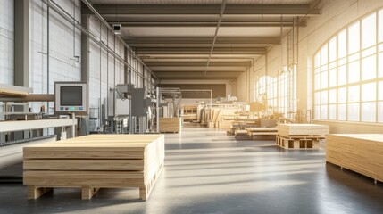 Aufkleber - Modern Woodworking Factory Interior With Lumber Stacks