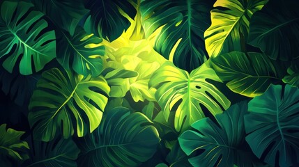 Canvas Print - Lush Green Tropical Monstera Leaves Illuminated