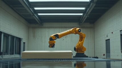 Poster - Yellow Robotic Arm Handling Large Sheet Material Inside Factory