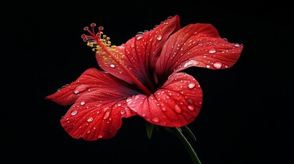 Poster - A vibrant red hibiscus with water droplets delicately placed on its petals, creating a striking contrast with its natural surroundings.