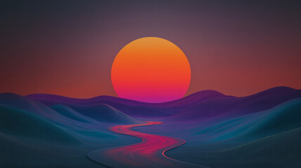 Poster - A luminous orb at the center of a curved road, radiating orange, red, and purple streaks of light,