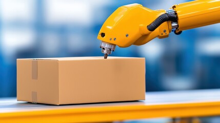Poster - Robotic Arm Picking Up Cardboard Box in Industrial Setting