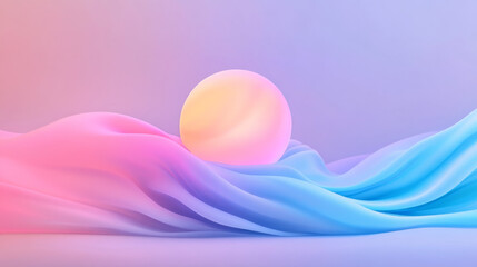 Leinwandbilder - A soft-focus close-up of a radiant orb resting in fluid folds of pastel blue, purple, and pink