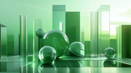 Poster - Abstract array of shiny geometric objects of different height modern futuristic 3d rendering illustration green lighting